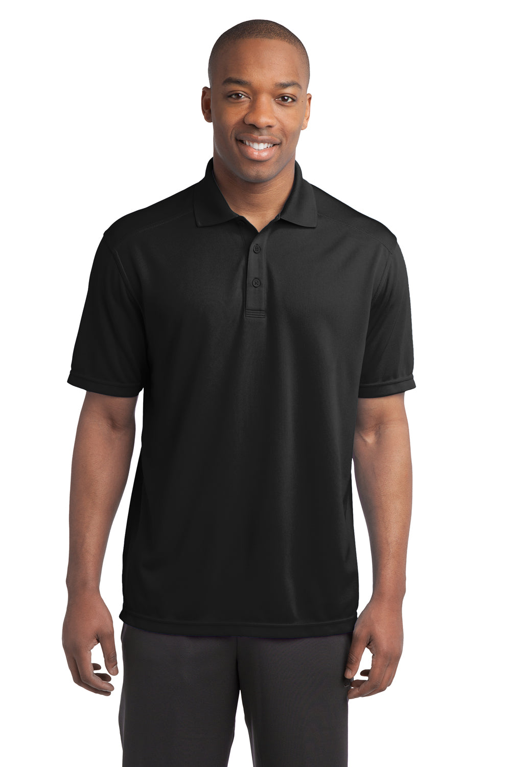 Sport-Tek ST680 Mens Micro-Mesh Moisture Wicking Short Sleeve Polo Shirt Black Model Front