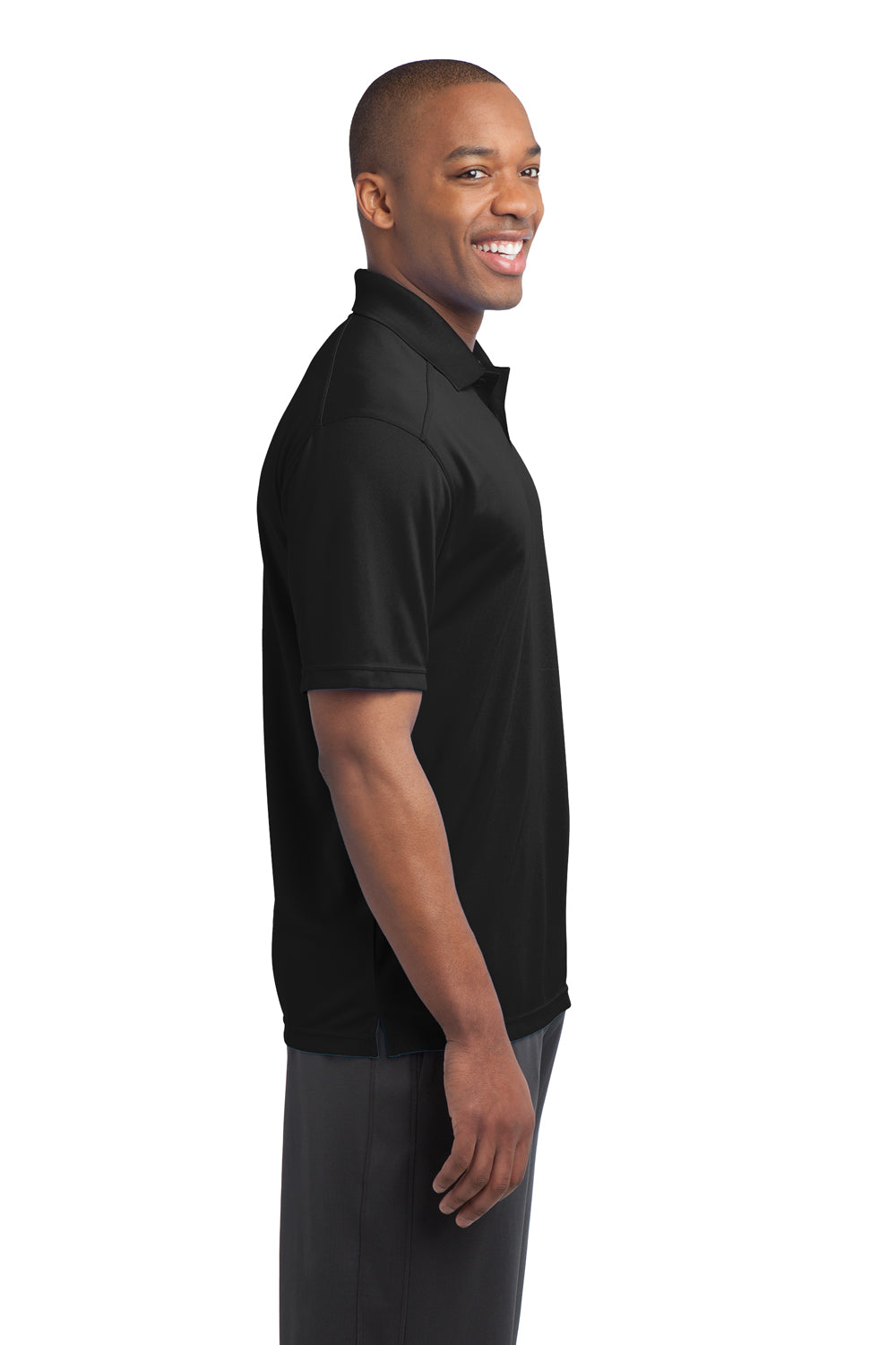 Sport-Tek ST680 Mens Micro-Mesh Moisture Wicking Short Sleeve Polo Shirt Black Model Side