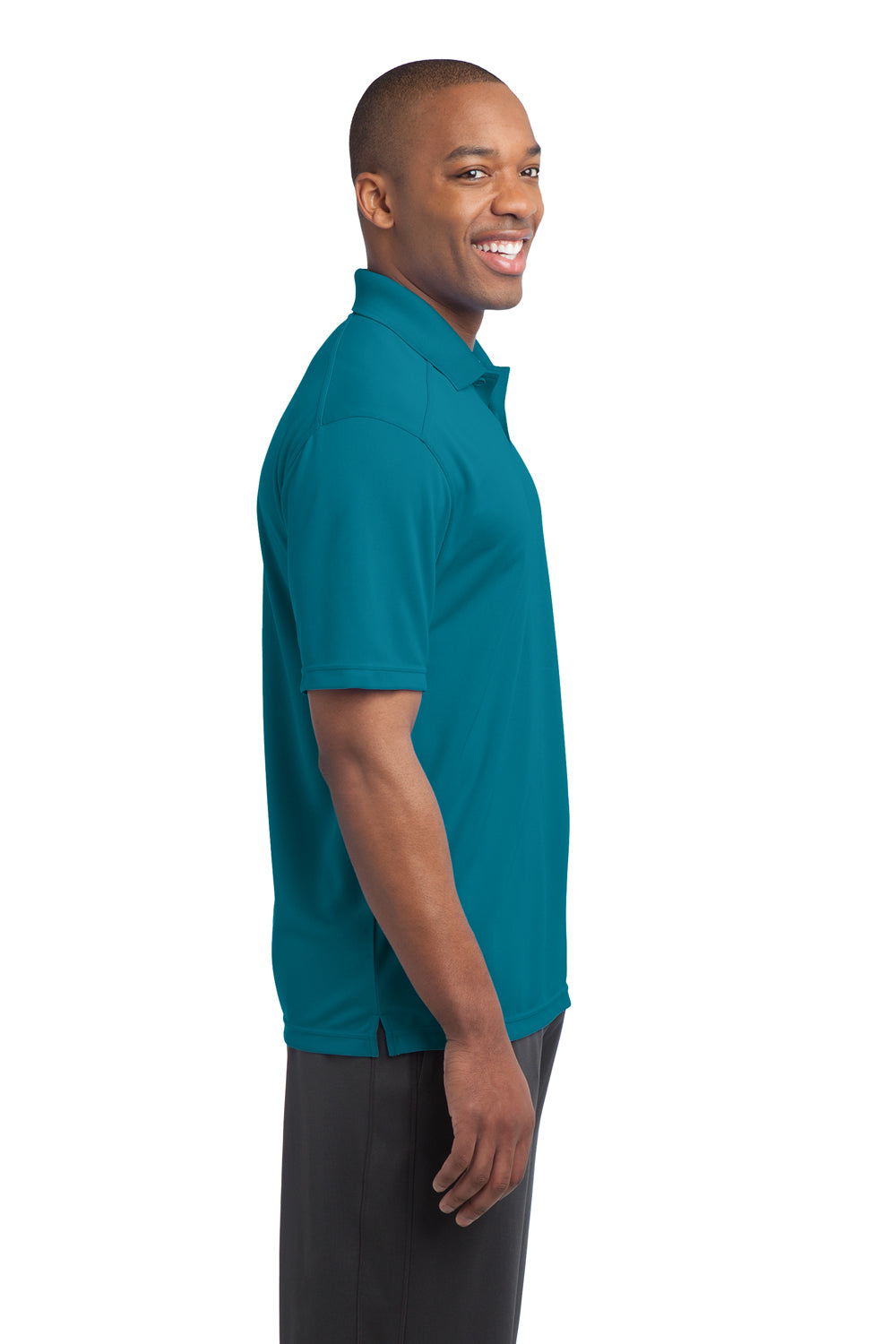 Sport-Tek ST680 Mens Micro-Mesh Moisture Wicking Short Sleeve Polo Shirt Blue Wake Model Side