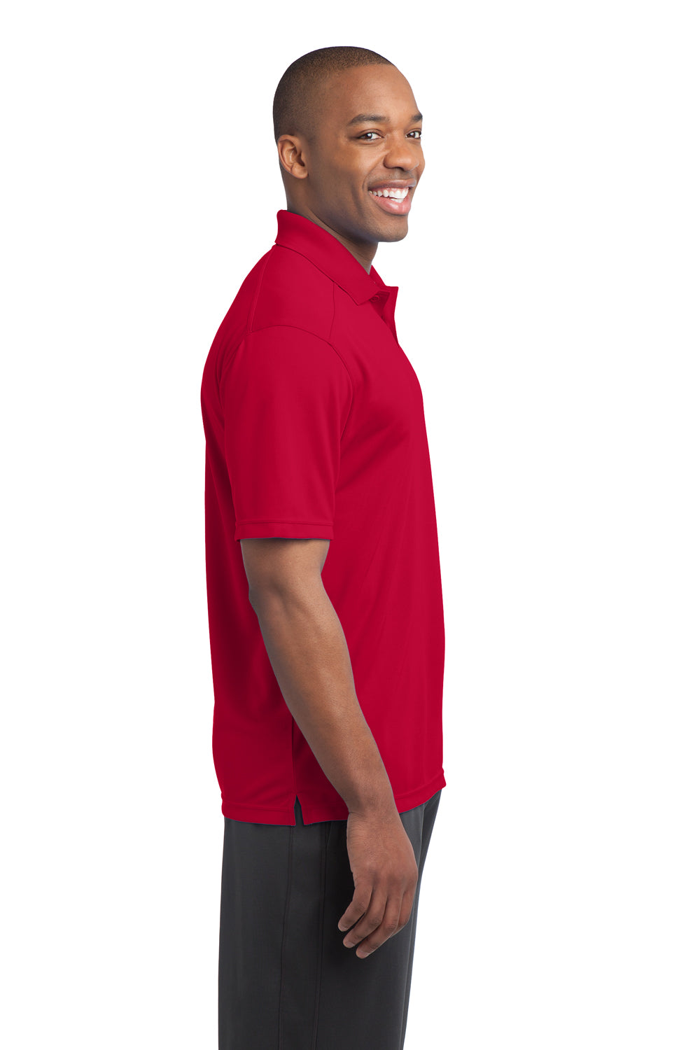 Sport-Tek ST680 Mens Micro-Mesh Moisture Wicking Short Sleeve Polo Shirt True Red Model Side