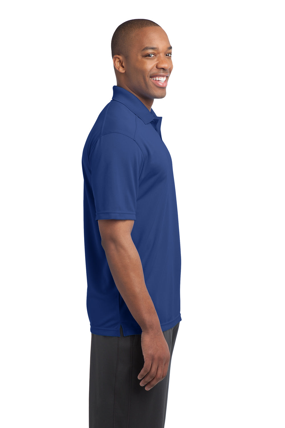 Sport-Tek ST680 Mens Micro-Mesh Moisture Wicking Short Sleeve Polo Shirt True Royal Blue Model Side