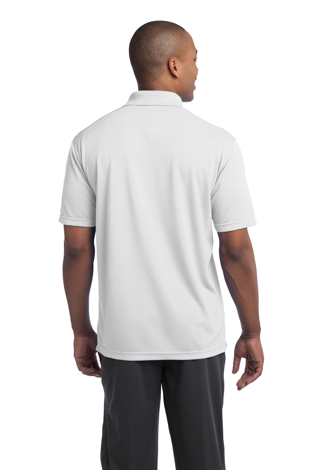 Sport-Tek ST680 Mens Micro-Mesh Moisture Wicking Short Sleeve Polo Shirt White Model Back