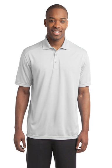 Sport-Tek ST680 Mens Micro-Mesh Moisture Wicking Short Sleeve Polo Shirt White Model Front