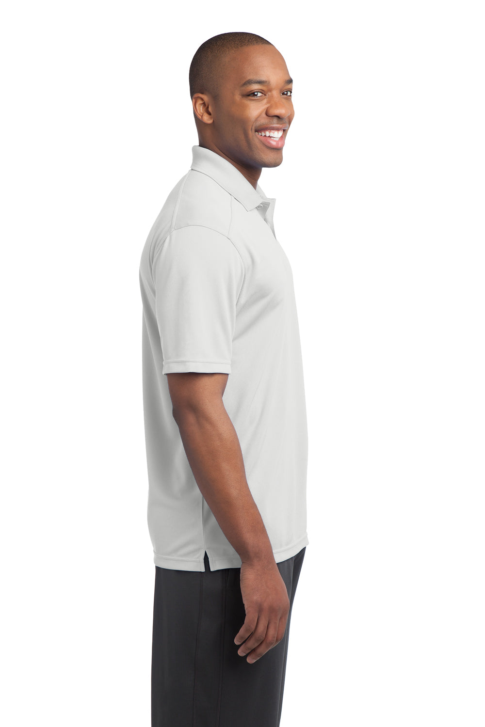 Sport-Tek ST680 Mens Micro-Mesh Moisture Wicking Short Sleeve Polo Shirt White Model Side