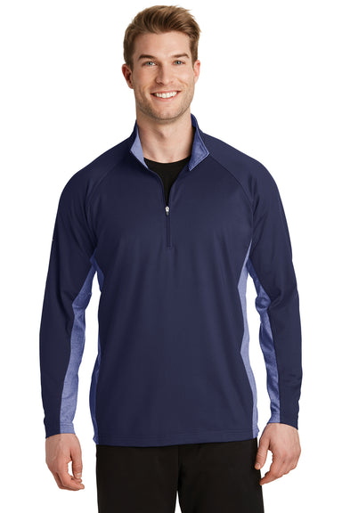 Sport-Tek ST854 Mens Sport-Wick Moisture Wicking 1/4 Zip Sweatshirt True Navy Blue/Heather True Navy Blue Model Front