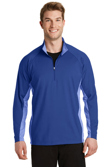 Sport-Tek ST854 Mens Sport-Wick Moisture Wicking 1/4 Zip Sweatshirt True Royal Blue/Heather True Royal Blue Model Front