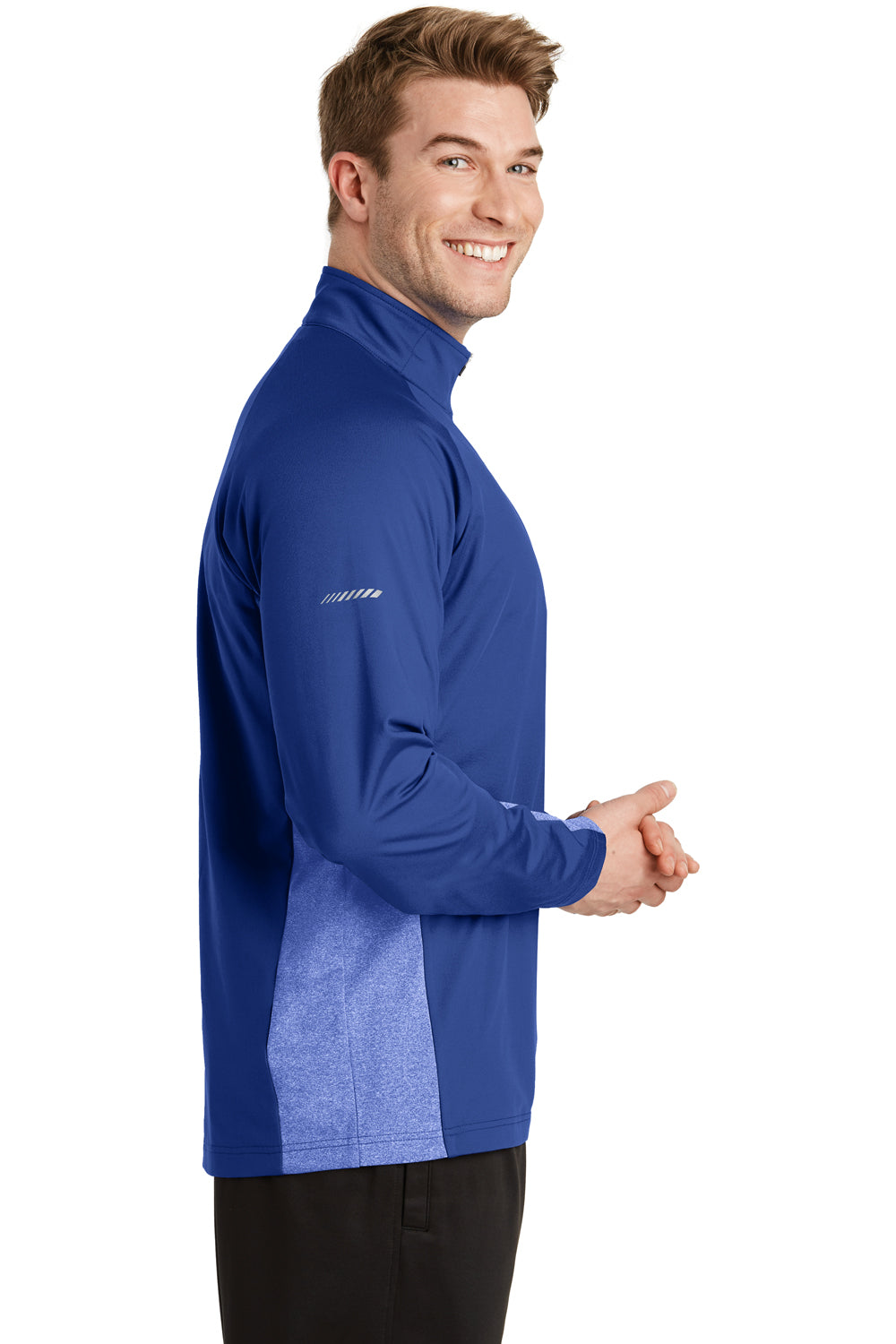 Sport-Tek ST854 Mens Sport-Wick Moisture Wicking 1/4 Zip Sweatshirt True Royal Blue/Heather True Royal Blue Model Side