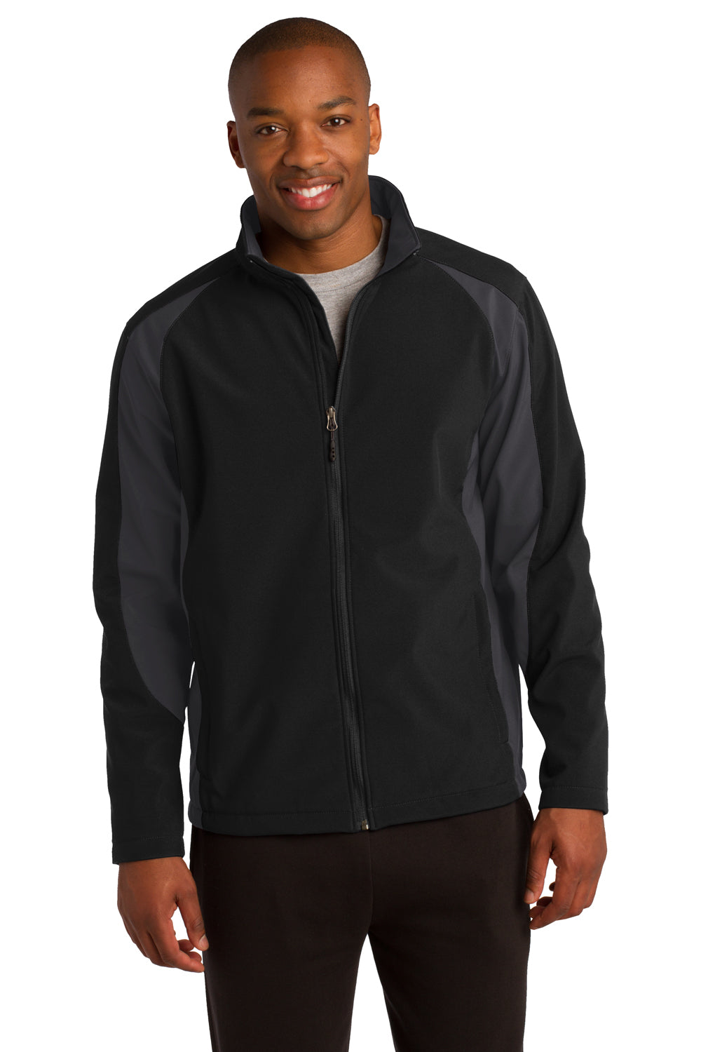 Sport-Tek ST970 Mens Water Resistant Full Zip Jacket Black/Iron Grey Model Front