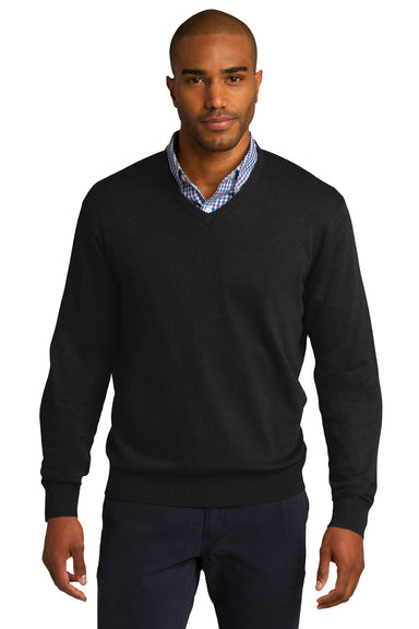 Port Authority SW285 Mens Long Sleeve V-Neck Sweater Black Model Front