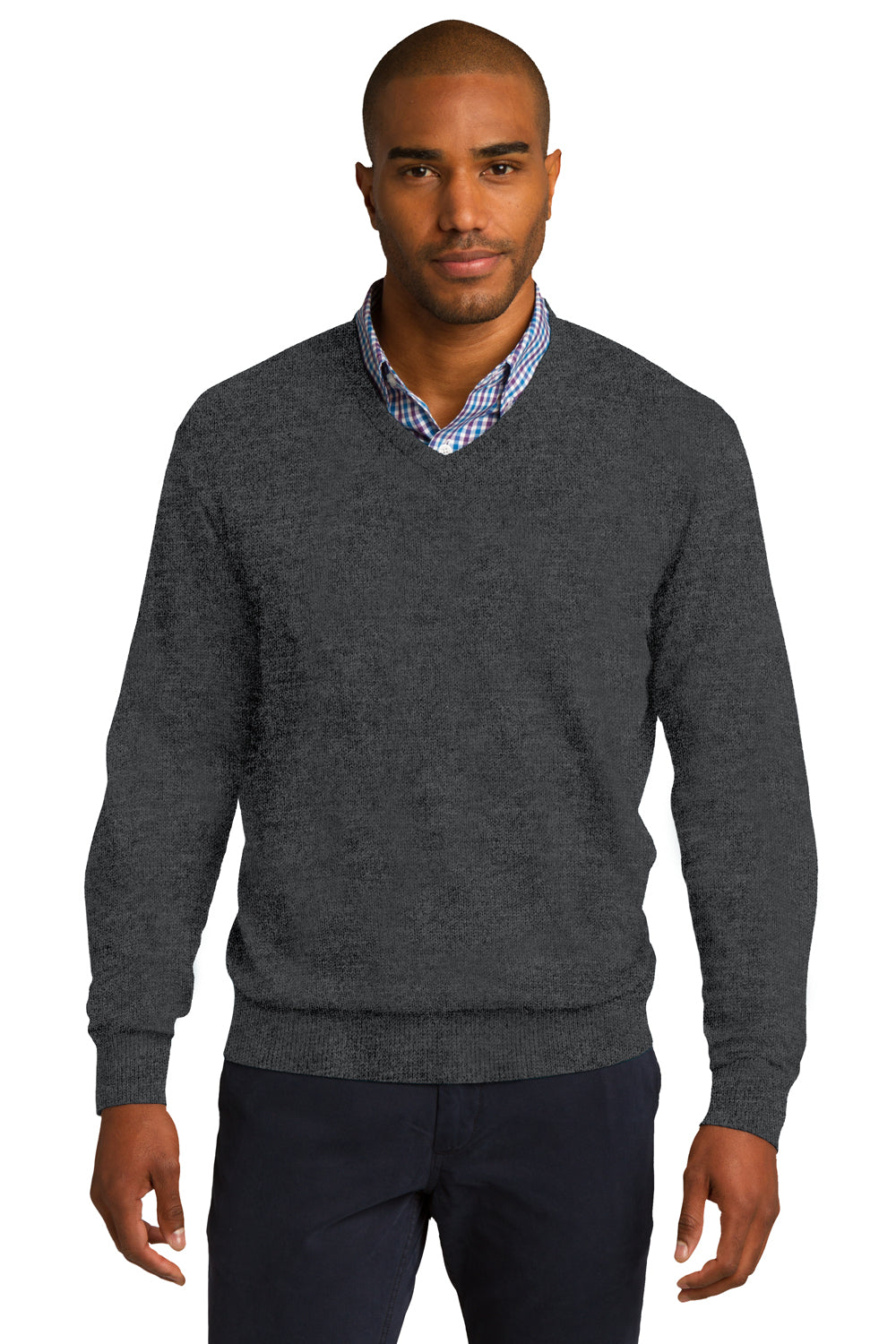 Port Authority SW285 Mens Long Sleeve V-Neck Sweater Heather Charcoal Grey Model Front