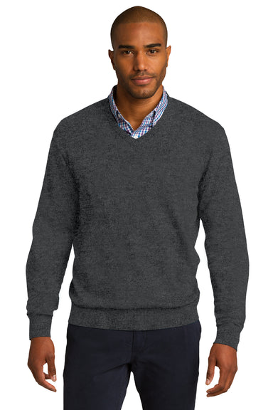 Port Authority SW285 Mens Long Sleeve V-Neck Sweater Heather Charcoal Grey Model Front