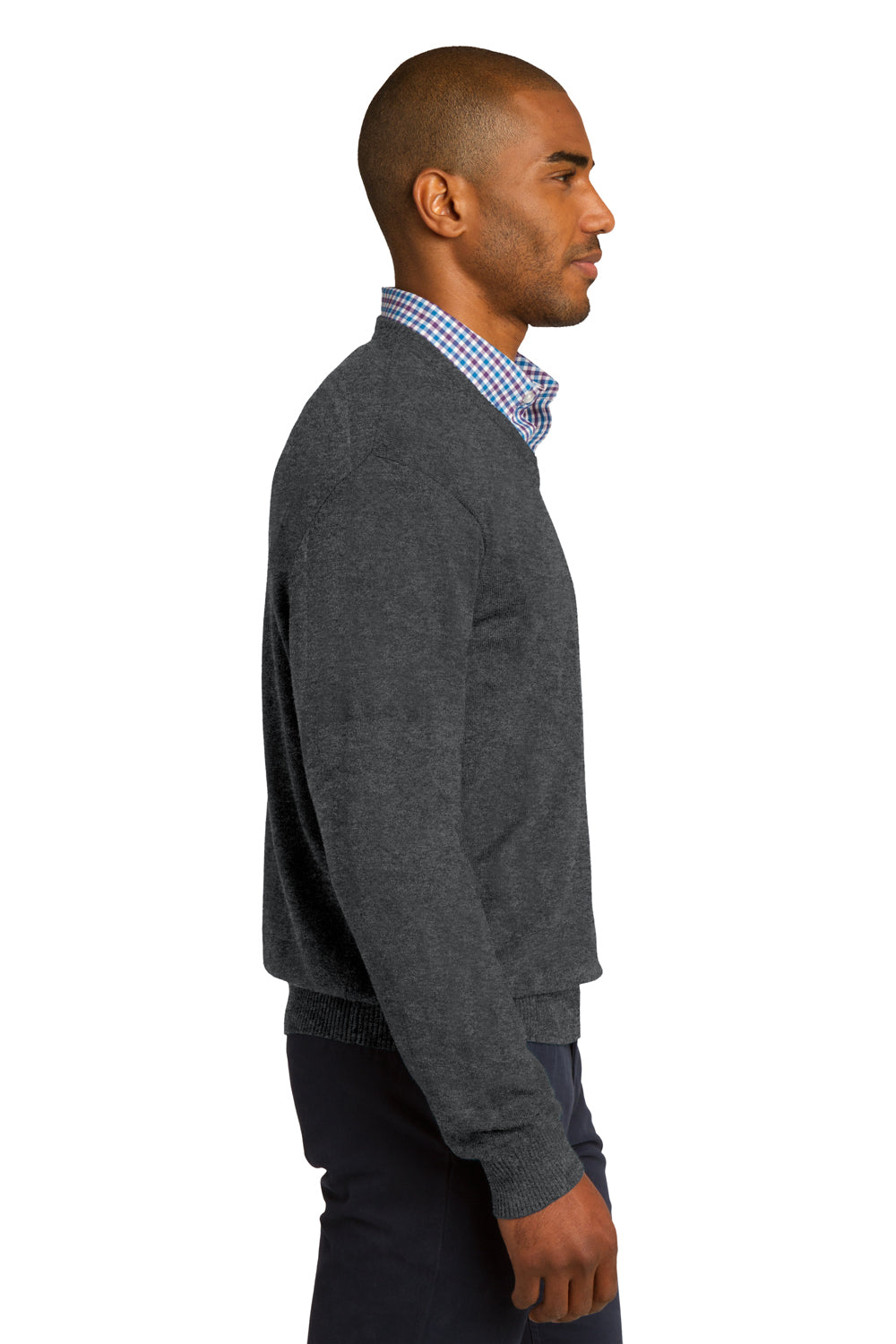 Port Authority SW285 Mens Long Sleeve V-Neck Sweater Heather Charcoal Grey Model Side