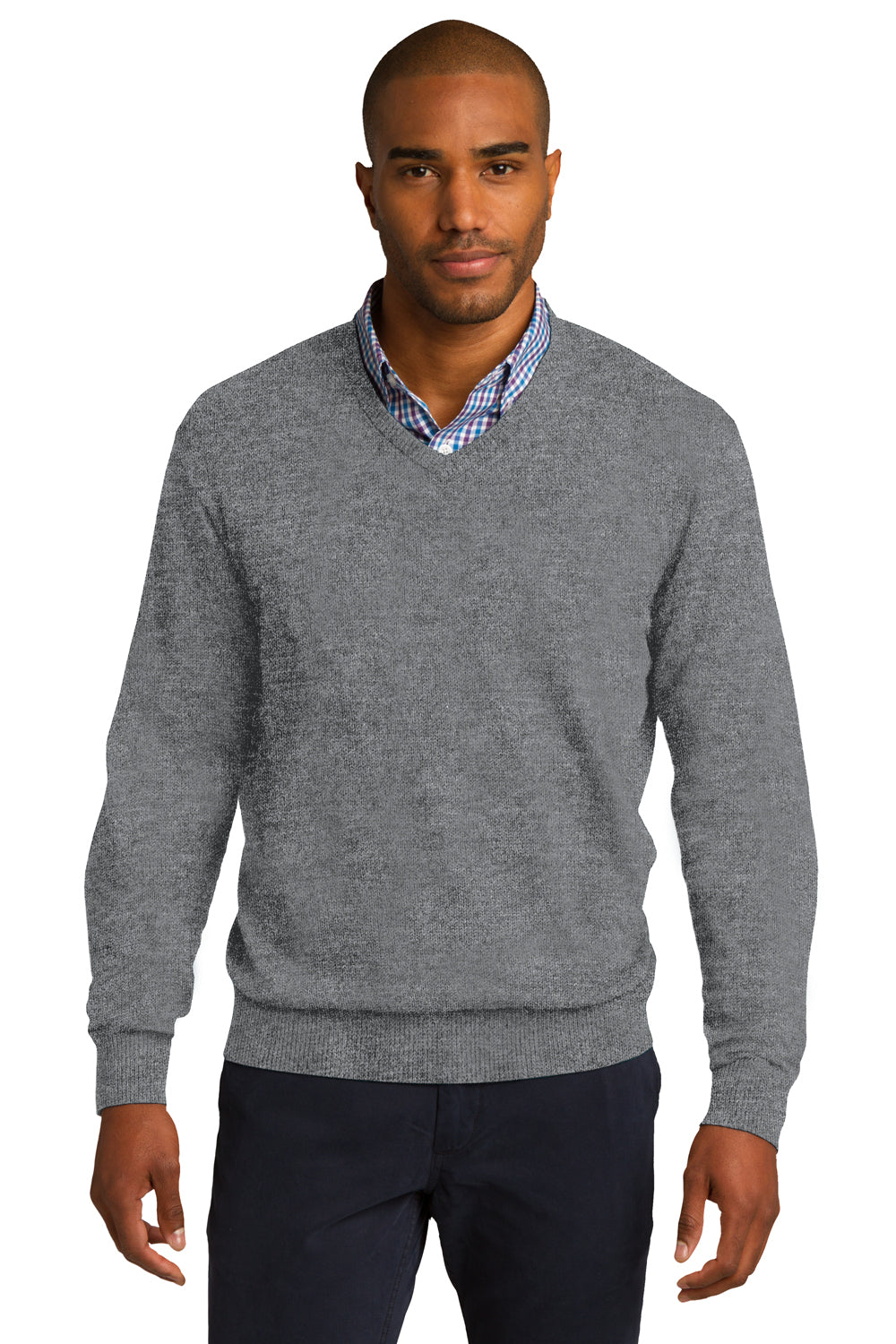 Port Authority SW285 Mens Long Sleeve V-Neck Sweater Heather Medium Grey Model Front