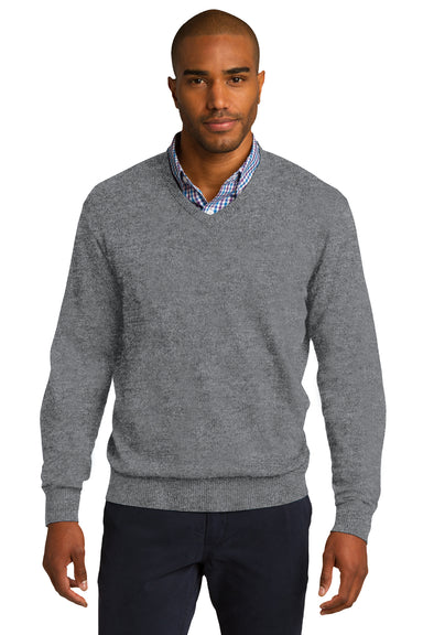 Port Authority SW285 Mens Long Sleeve V-Neck Sweater Heather Medium Grey Model Front