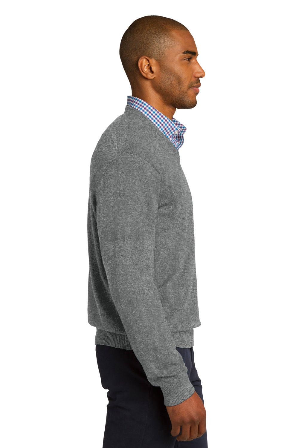 Port Authority SW285 Mens Long Sleeve V-Neck Sweater Heather Medium Grey Model Side