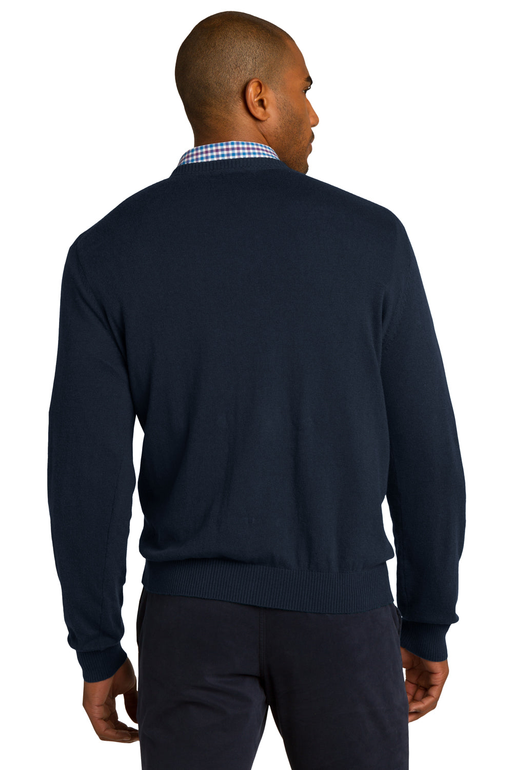 Port Authority SW285 Mens Long Sleeve V-Neck Sweater Navy Blue Model Back