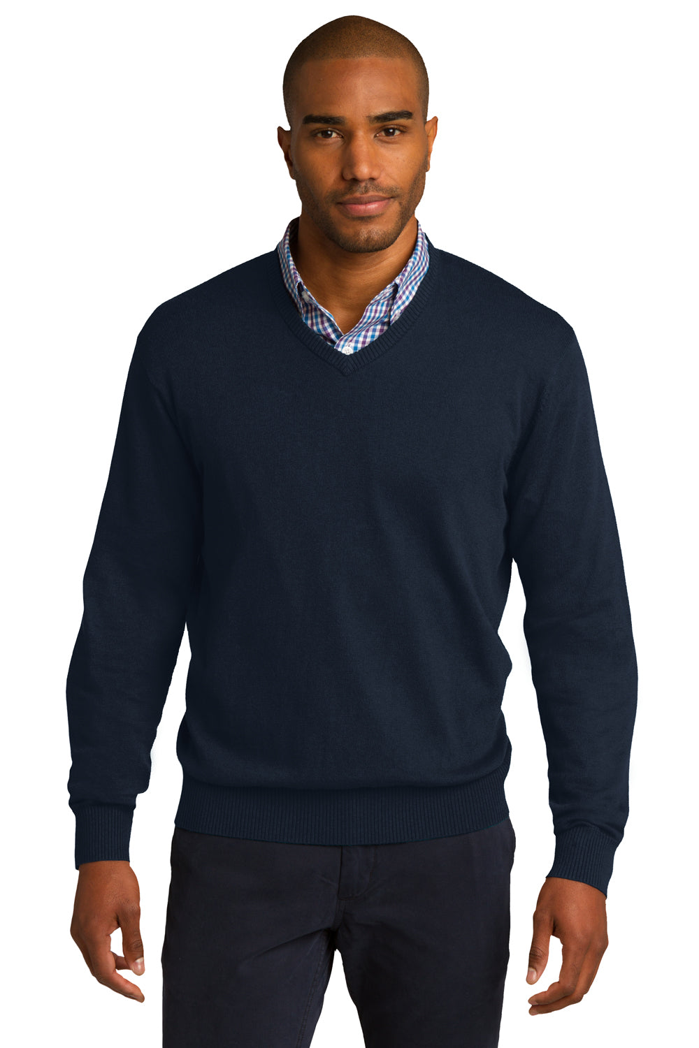 Port Authority SW285 Mens Long Sleeve V-Neck Sweater Navy Blue Model Front