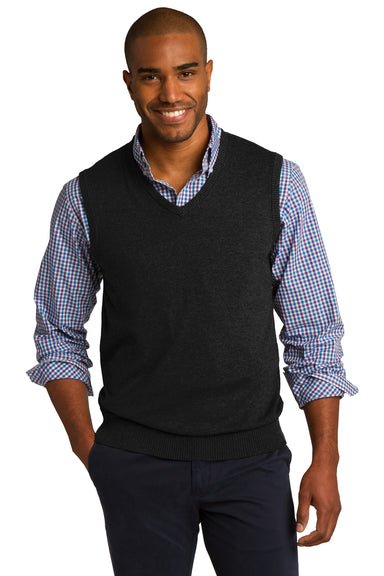 Port Authority SW286 Mens V-Neck Sweater Vest Black Model Front