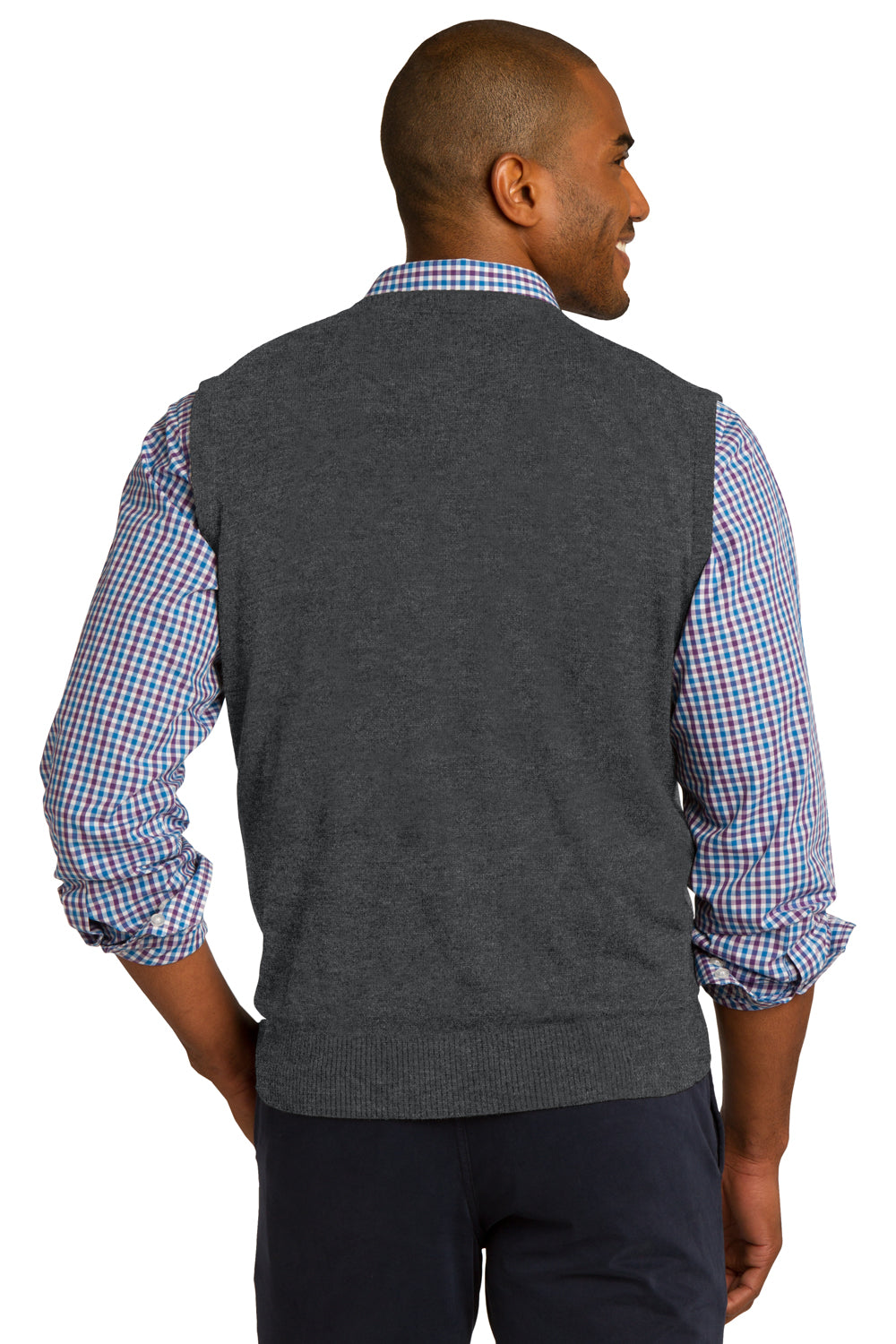 Port Authority SW286 Mens V-Neck Sweater Vest Heather Charcoal Grey Model Back