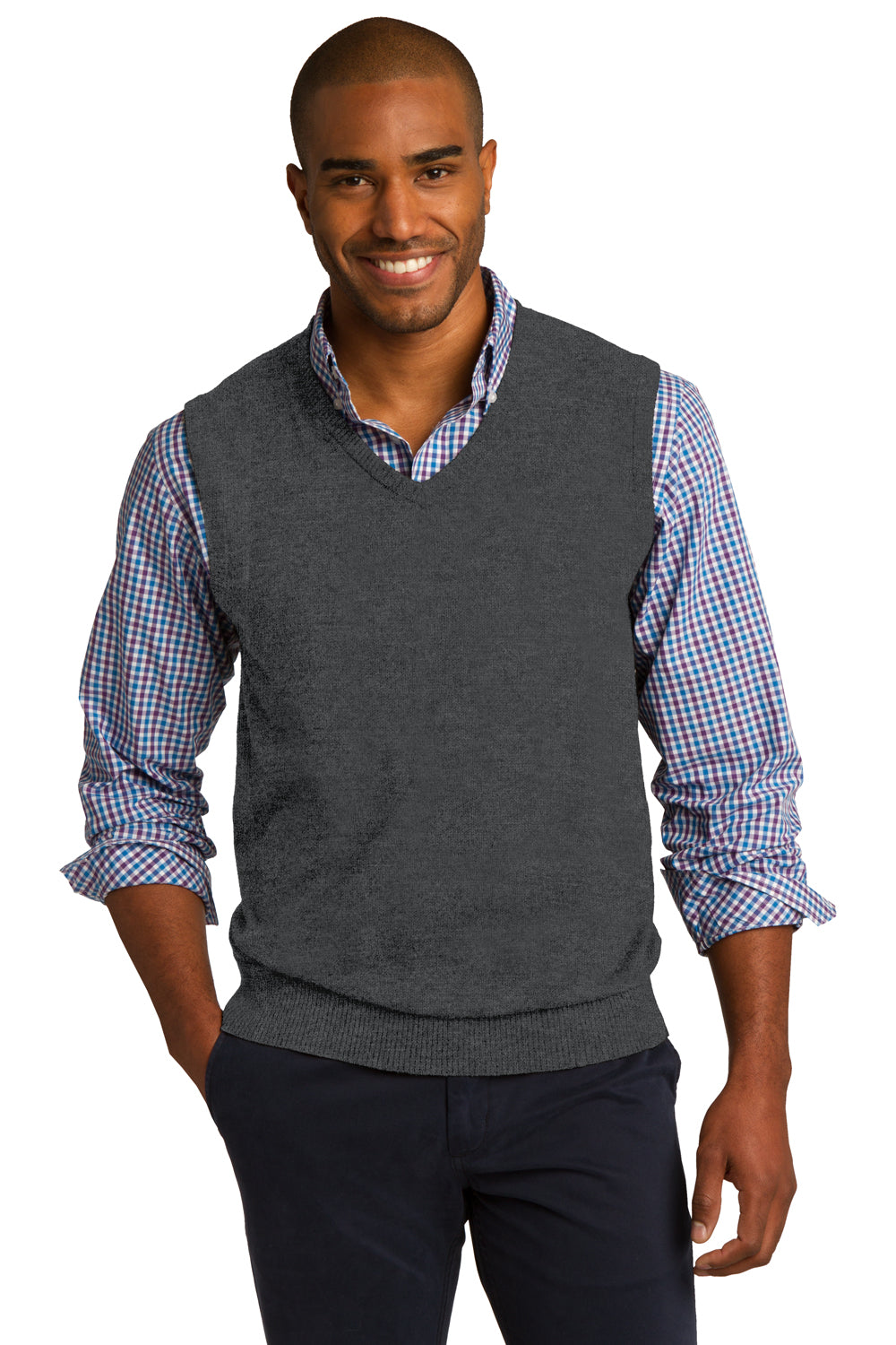 Port Authority SW286 Mens V-Neck Sweater Vest Heather Charcoal Grey Model Front