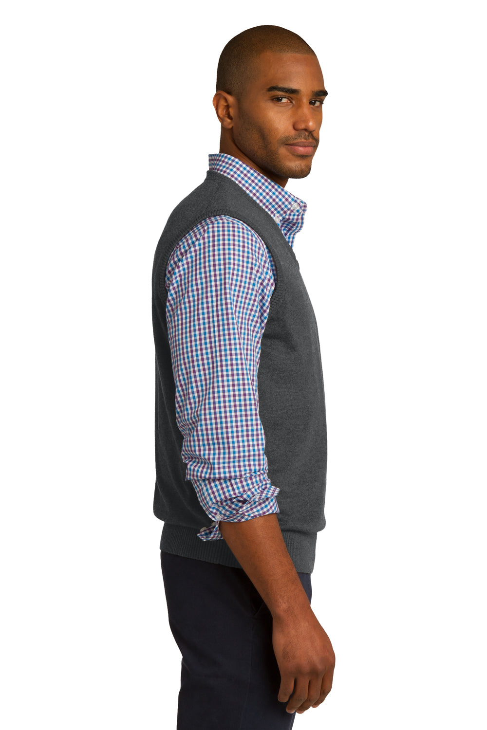 Port Authority SW286 Mens V-Neck Sweater Vest Heather Charcoal Grey Model Side