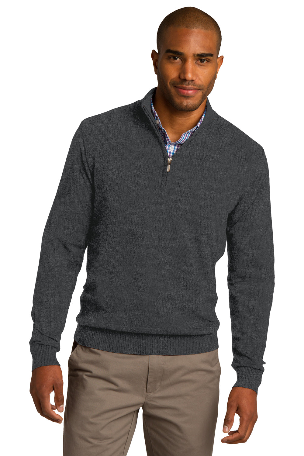 Port Authority SW290 Mens Long Sleeve 1/4 Zip Sweater Heather Charcoal Grey Model Front