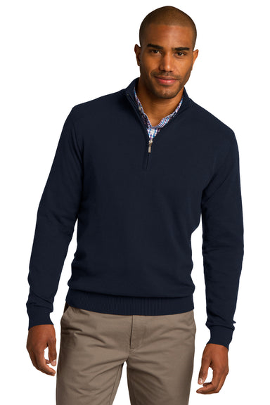 Port Authority SW290 Mens Long Sleeve 1/4 Zip Sweater Navy Blue Model Front