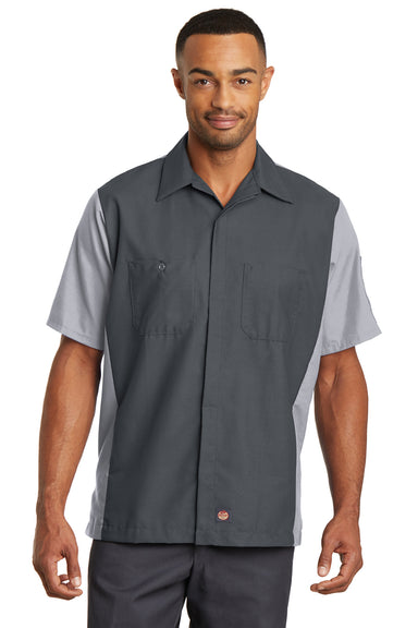 Red Kap SY20 Mens Crew Moisture Wicking Short Sleeve Button Down Shirt w/ Double Pockets Charcoal Grey/Light Grey Model Front