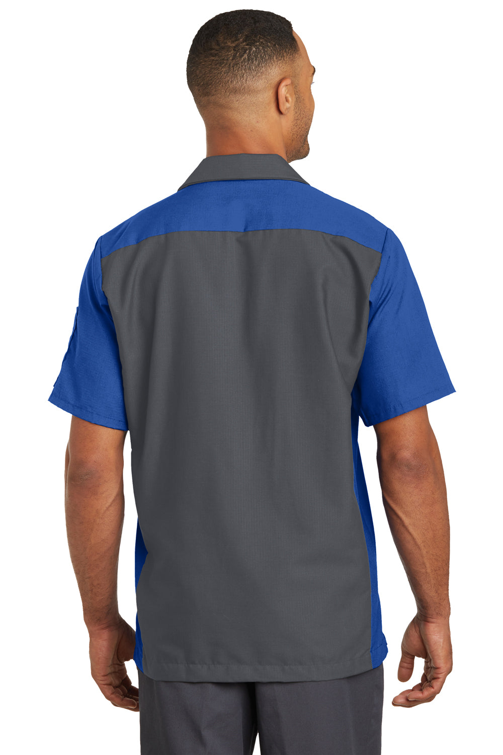 Red Kap SY20 Mens Crew Moisture Wicking Short Sleeve Button Down Shirt w/ Double Pockets Charcoal Grey/Royal Blue Model Back