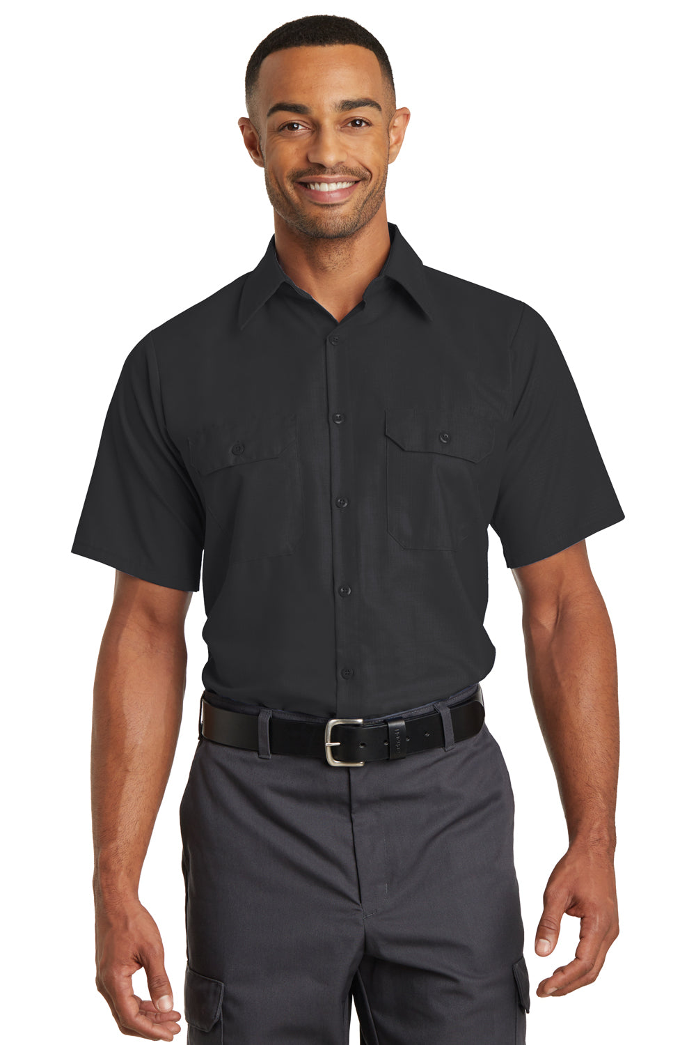 Red Kap SY60 Mens Moisture Wicking Short Sleeve Button Down Shirt w/ Double Pockets Black Model Front