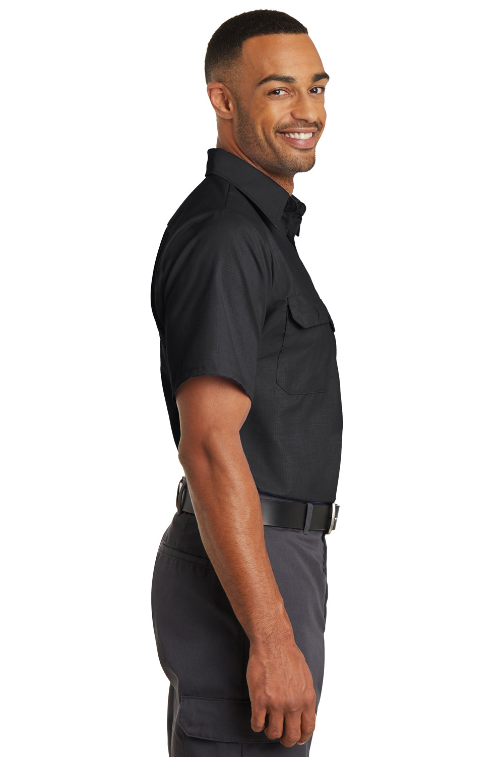 Red Kap SY60 Mens Moisture Wicking Short Sleeve Button Down Shirt w/ Double Pockets Black Model Side