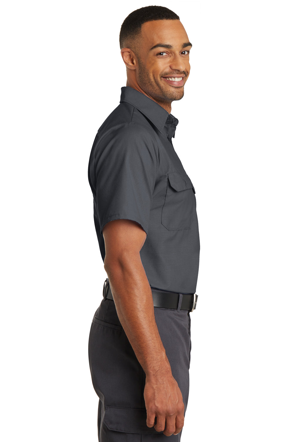 Red Kap SY60 Mens Moisture Wicking Short Sleeve Button Down Shirt w/ Double Pockets Charcoal Grey Model Side