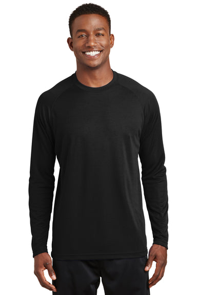 Sport-Tek T473LS Mens Dry Zone Moisture Wicking Long Sleeve Crewneck T-Shirt Black Model Front