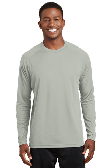 Sport-Tek T473LS Mens Dry Zone Moisture Wicking Long Sleeve Crewneck T-Shirt Silver Grey Model Front