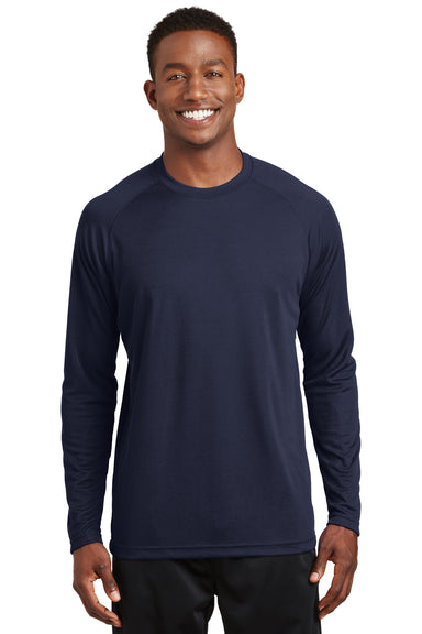 Sport-Tek T473LS Mens Dry Zone Moisture Wicking Long Sleeve Crewneck T-Shirt True Navy Blue Model Front