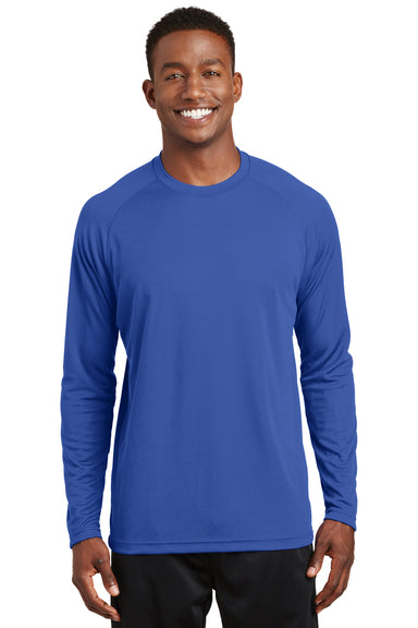 Sport-Tek T473LS Mens Dry Zone Moisture Wicking Long Sleeve Crewneck T-Shirt True Royal Blue Model Front