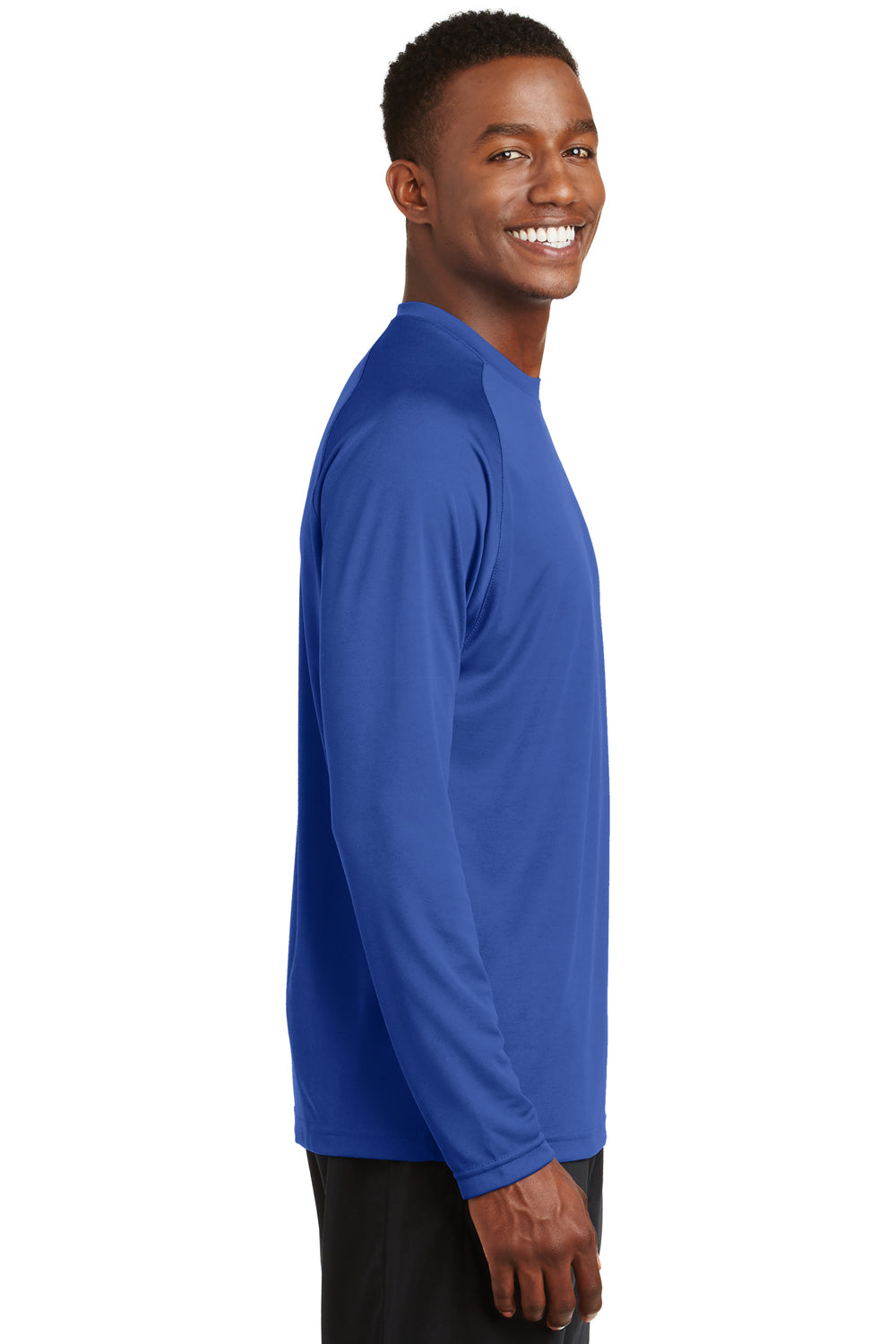 Sport-Tek T473LS Mens Dry Zone Moisture Wicking Long Sleeve Crewneck T-Shirt True Royal Blue Model Side