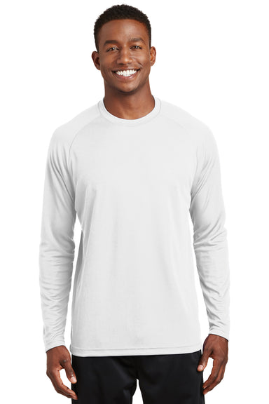 Sport-Tek T473LS Mens Dry Zone Moisture Wicking Long Sleeve Crewneck T-Shirt White Model Front