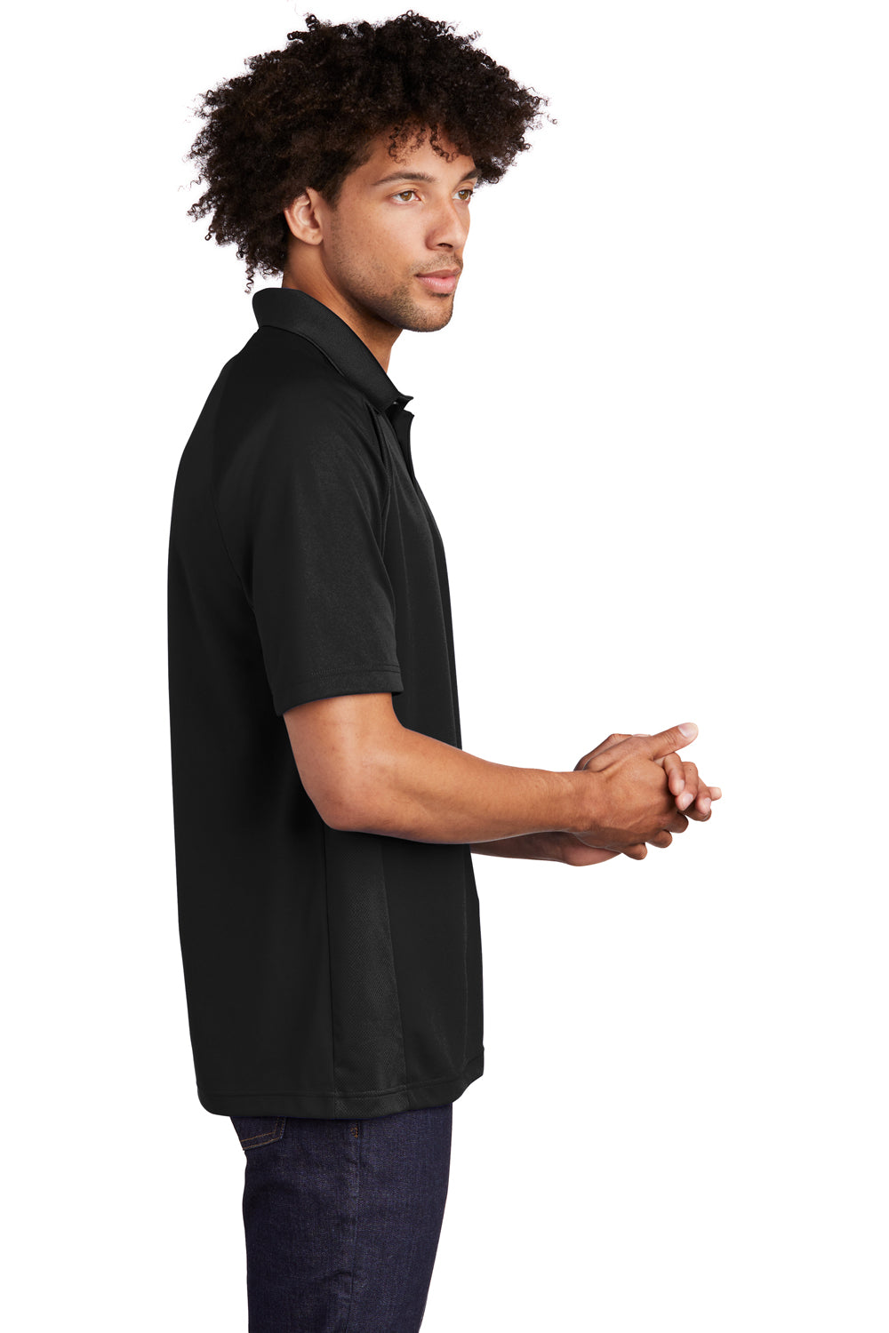 Sport-Tek T474 Mens Dri-Mesh Moisture Wicking Short Sleeve Polo Shirt Black Model Side