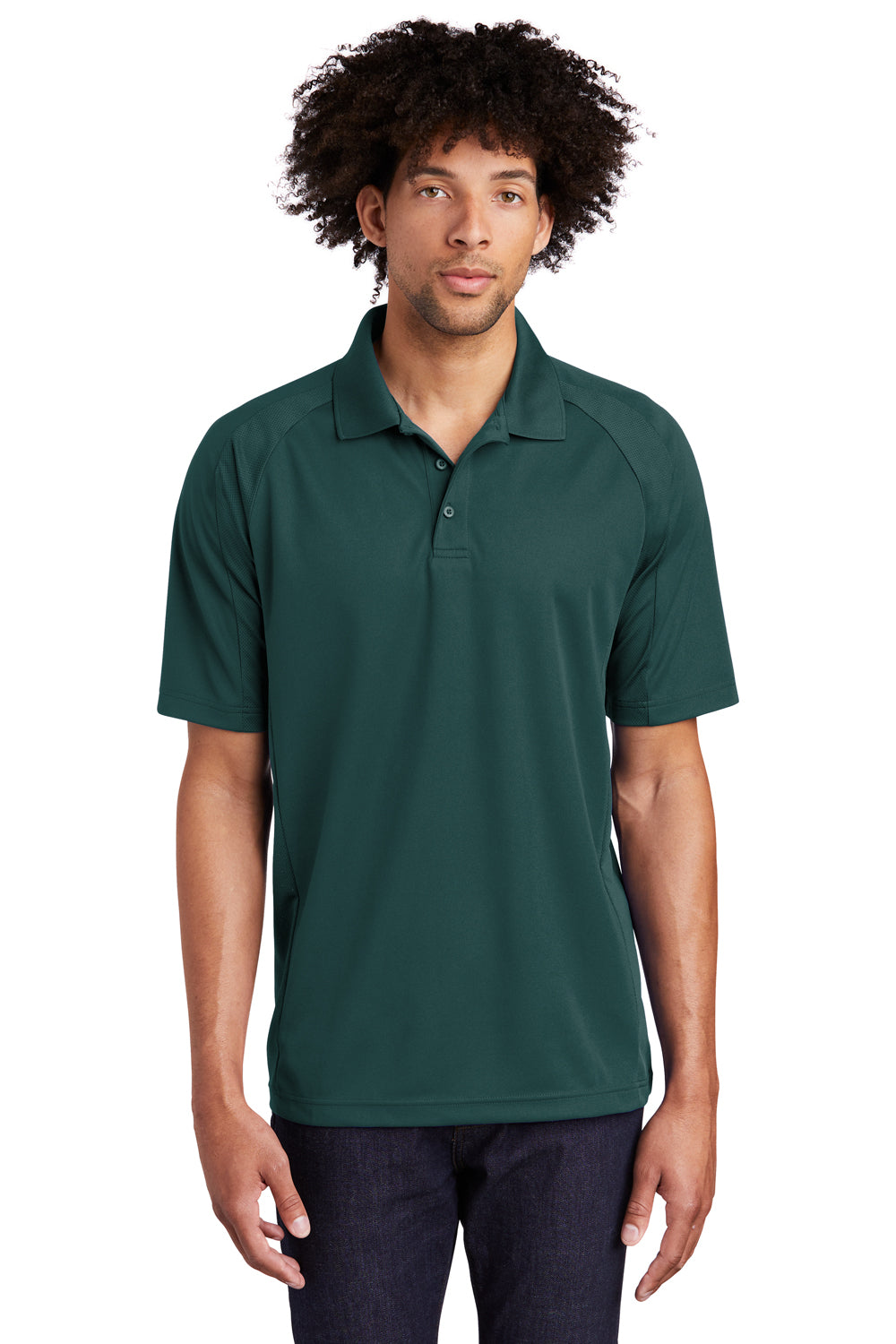 Sport-Tek T474 Mens Dri-Mesh Moisture Wicking Short Sleeve Polo Shirt Dark Green Model Front