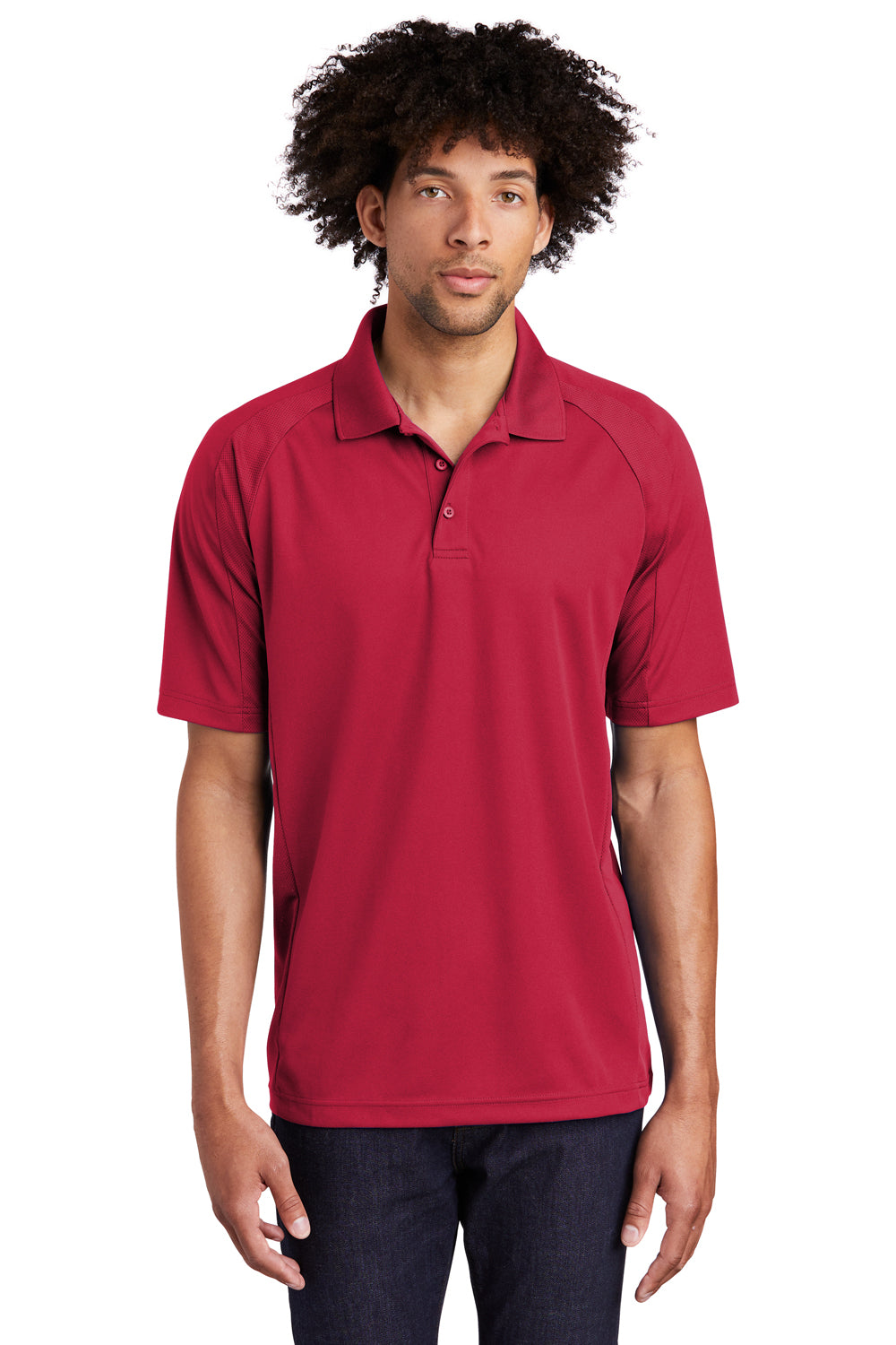 Sport-Tek T474 Mens Dri-Mesh Moisture Wicking Short Sleeve Polo Shirt Engine Red Model Front