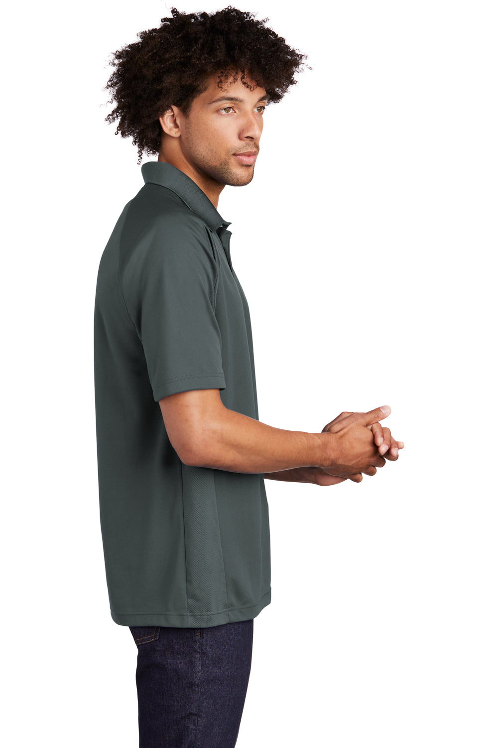 Sport-Tek T474 Mens Dri-Mesh Moisture Wicking Short Sleeve Polo Shirt Steel Grey Model Side