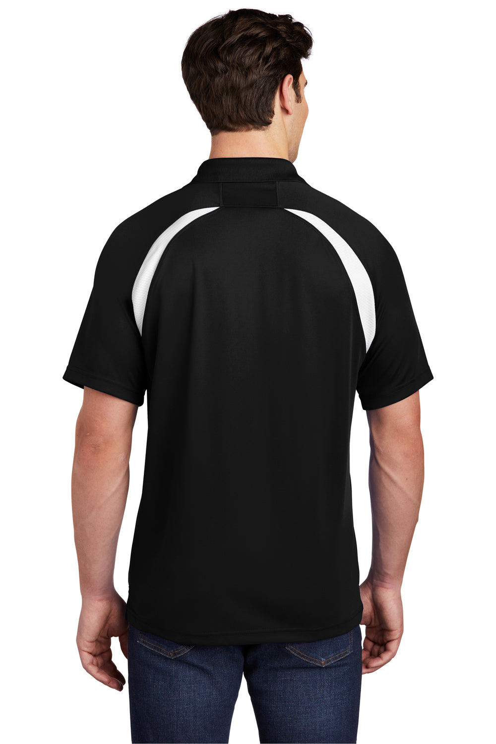 Sport-Tek T476 Mens Dry Zone Moisture Wicking Short Sleeve Polo Shirt Black/White Model Back