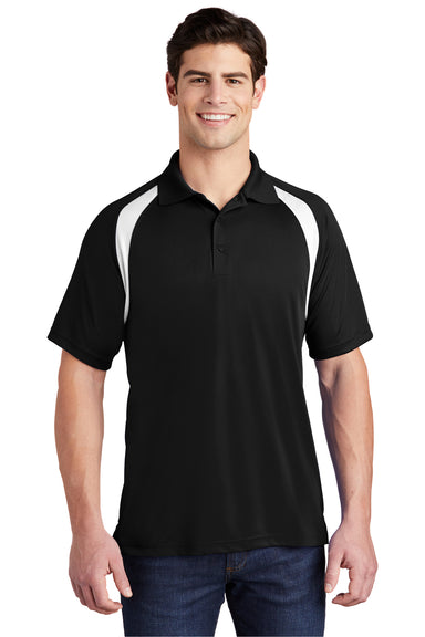 Sport-Tek T476 Mens Dry Zone Moisture Wicking Short Sleeve Polo Shirt Black/White Model Front