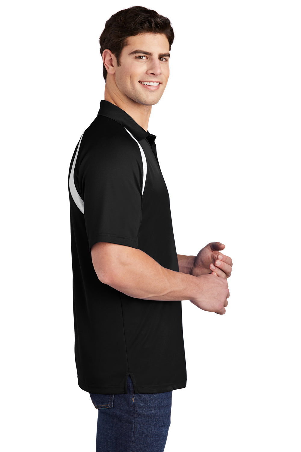 Sport-Tek T476 Mens Dry Zone Moisture Wicking Short Sleeve Polo Shirt Black/White Model Side