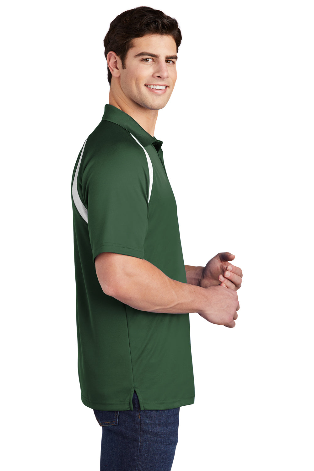 Sport-Tek T476 Mens Dry Zone Moisture Wicking Short Sleeve Polo Shirt Forest Green/White Model Side