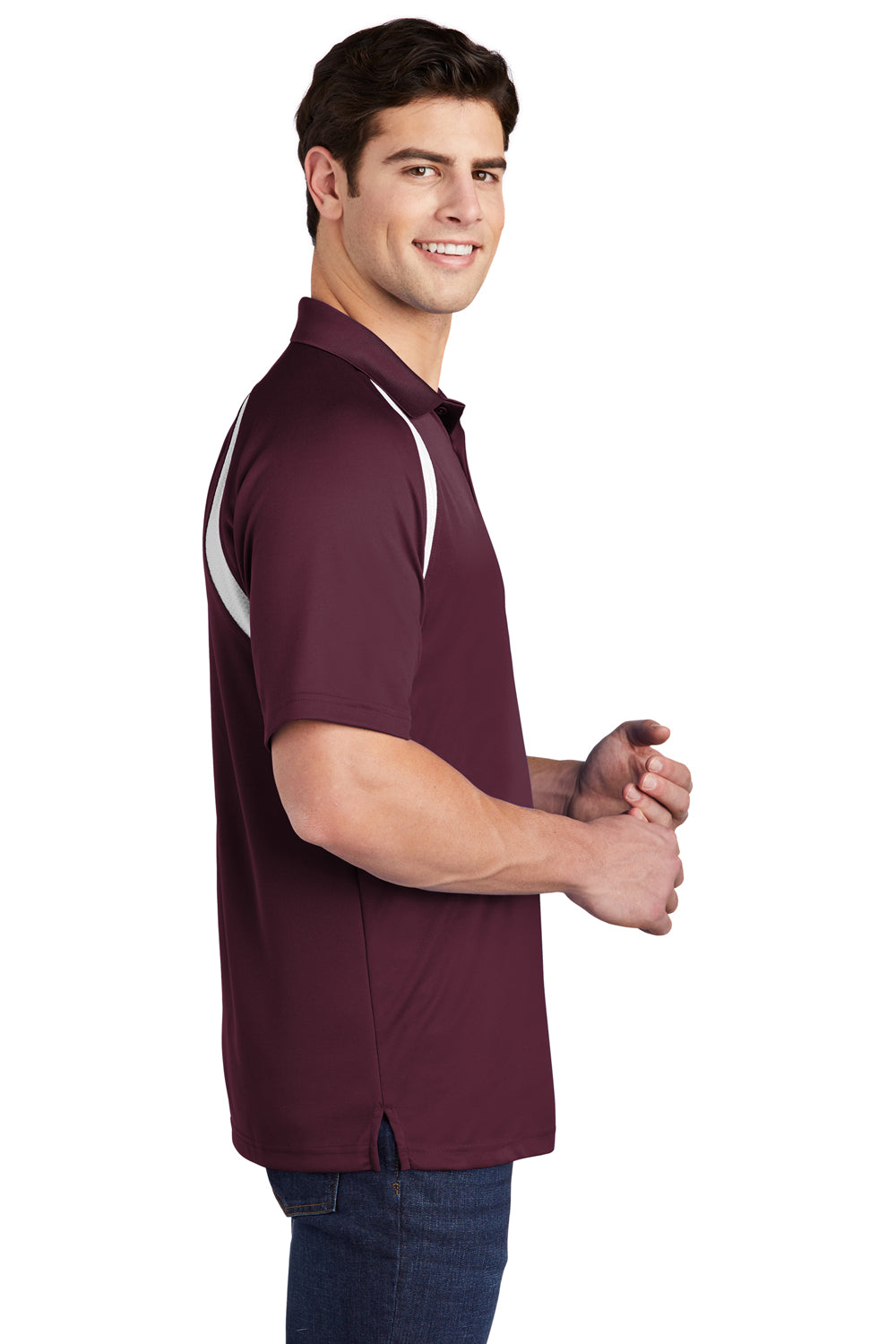 Sport-Tek T476 Mens Dry Zone Moisture Wicking Short Sleeve Polo Shirt Maroon/White Model Side