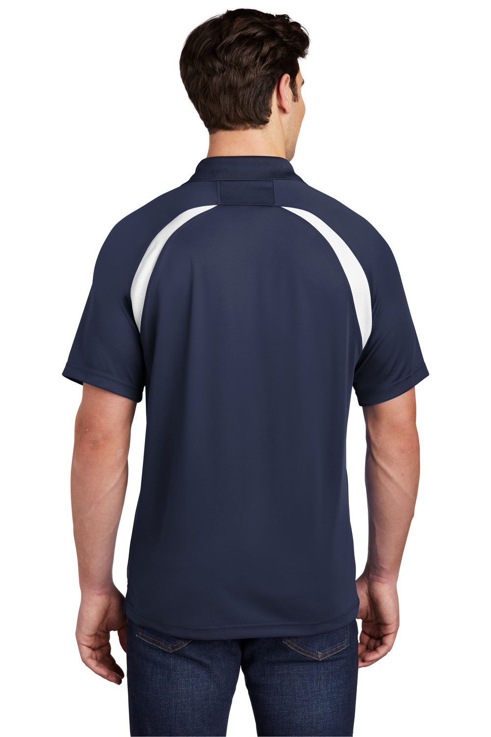 Sport-Tek T476 Mens Dry Zone Moisture Wicking Short Sleeve Polo Shirt True Navy Blue/White Model Back