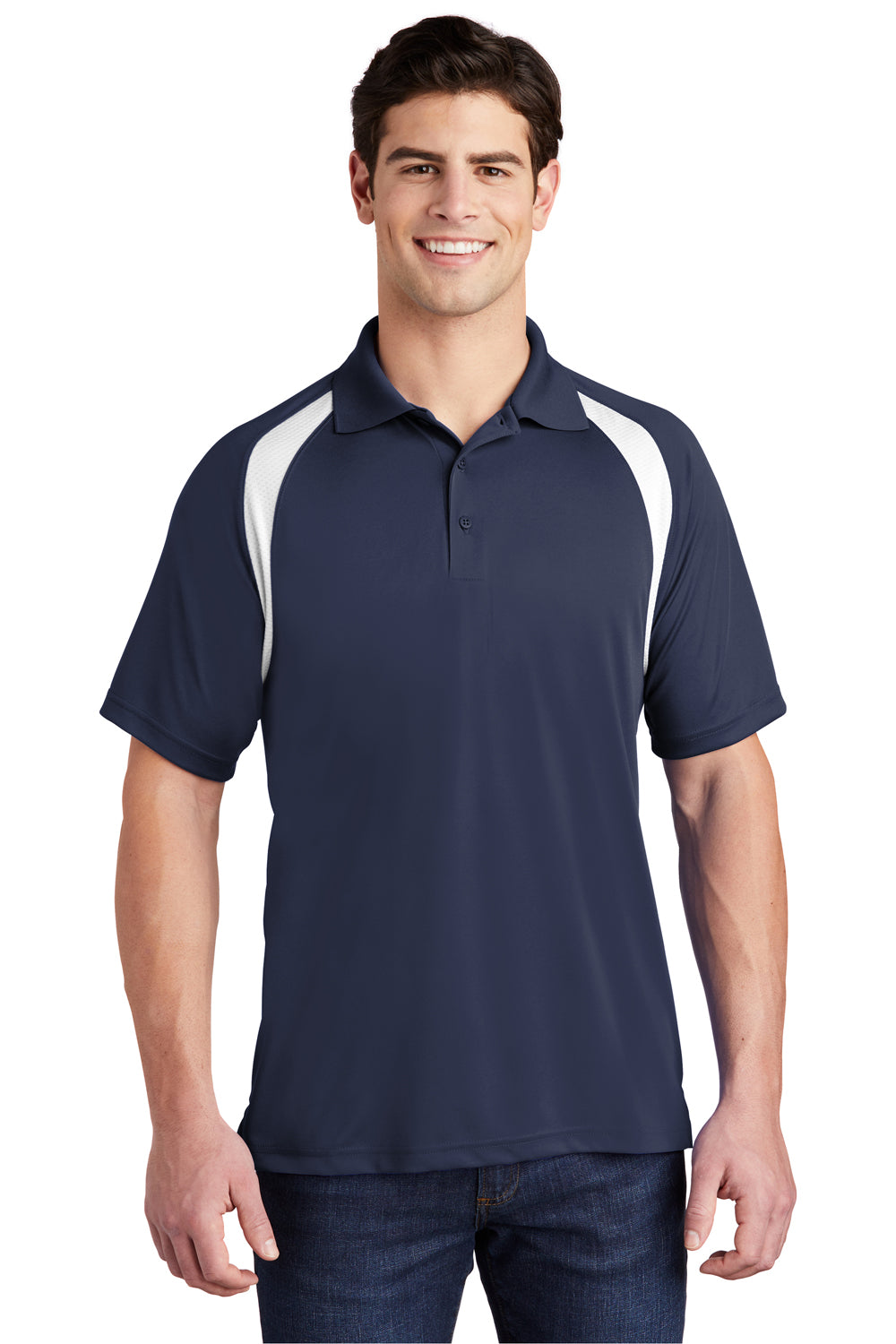 Sport-Tek T476 Mens Dry Zone Moisture Wicking Short Sleeve Polo Shirt True Navy Blue/White Model Front