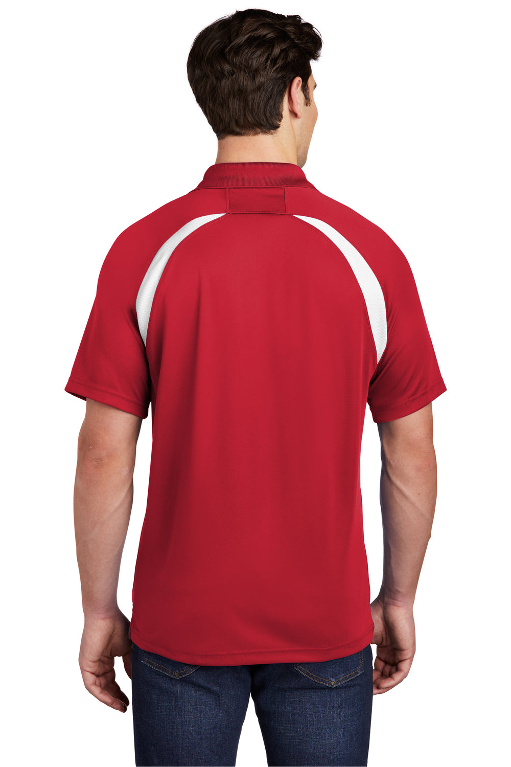 Sport-Tek T476 Mens Dry Zone Moisture Wicking Short Sleeve Polo Shirt True Red/White Model Back